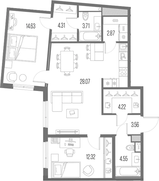 Планировка: Евротрёшка 78,2 м² в ЖК «Легенда Васильевского»