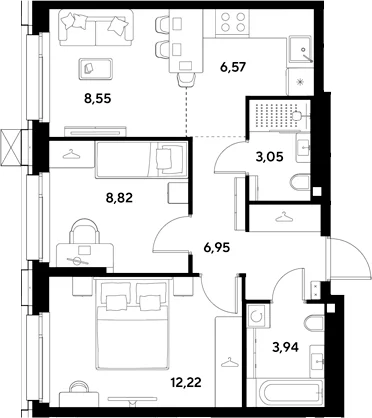 Планировка: Евротрёшка 50,1 м² в ЖК «ЭВО»