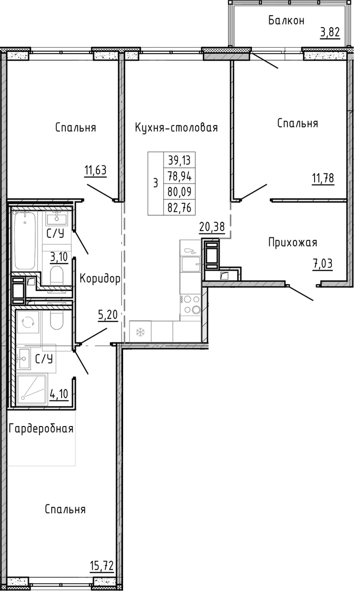 Планировка: Квартира евро-4 76,3 м² в ЖК «ОКЛА»