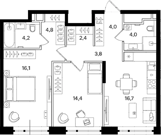 Планировка: 2-комнатная квартира 70,4 м² в ЖК «Мангазея на Речном»