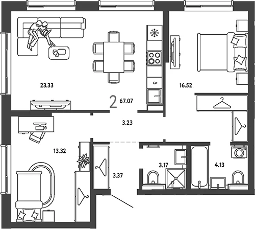 Планировка: 2-комнатная квартира 67,1 м² в ЖК «Страна.Парковая»