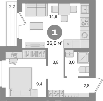 Планировка: 1-комнатная квартира 33,8 м² в ЖК «Первый квартал. Вторая очередь»