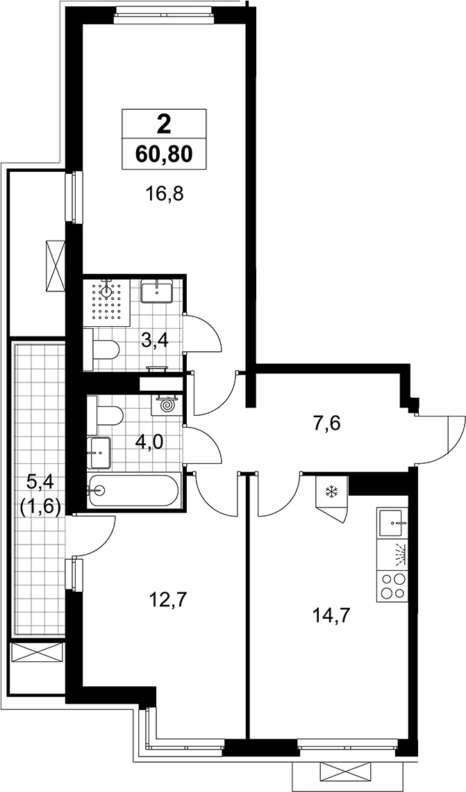 Планировка: 2-комнатная квартира 59,2 м² в ЖК «Деснаречье»