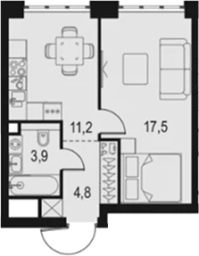 Планировка: 1-комнатная квартира 37,4 м² в ЖК «Левел Южнопортовая»