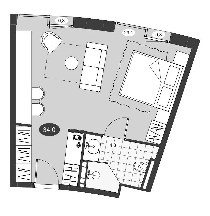 Планировка: Студия 33,4 м² в ЖК «Инвест-Курорт МЕСТО Рощино»