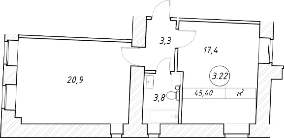 Планировка: Евродвушка 45,4 м² в ЖК «пр-кт Обуховской Обороны, 42 к2»