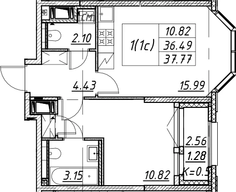 Планировка: Евродвушка 36,5 м² в ЖК «Цивилизация на Неве»