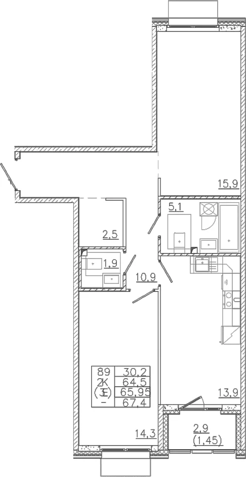 Планировка: Евротрёшка 64,5 м² в ЖК «Лисино»