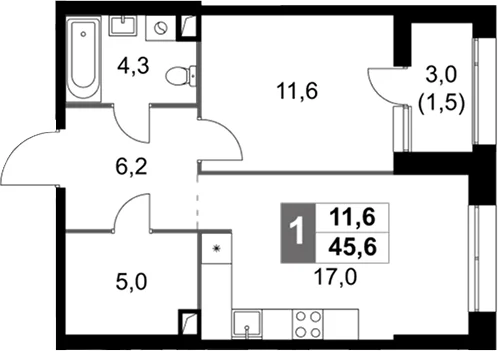 Планировка: Евродвушка 44,1 м² в ЖК «Скай Гарден»