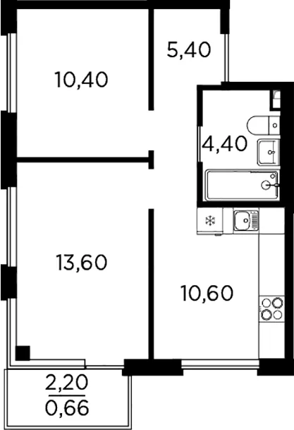 Планировка: 2-комнатная квартира 44,4 м² в ЖК «Плюс Пулковский»