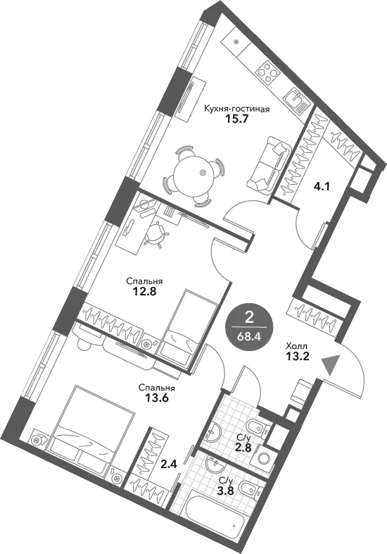 Планировка: Евротрёшка 68,4 м² в ЖК «Воксхолл»