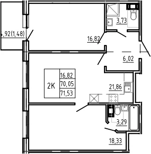 Планировка: Евротрёшка 70,1 м² в ЖК «Bereg. Курортный»