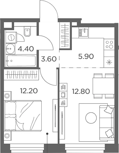 Планировка: Евродвушка 38,9 м² в ЖК «Белый Град»