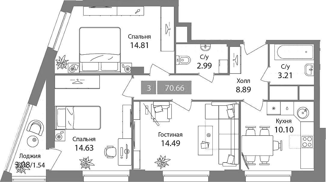 Планировка: 3-комнатная квартира 69,1 м² в ЖК «Планерный квартал»