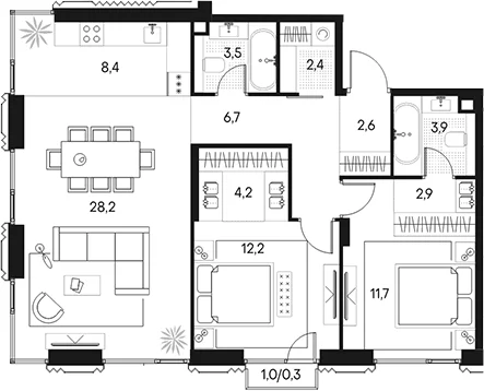 Планировка: Евротрёшка 86,7 м² в ЖК «Клубный город на реке Примавера»
