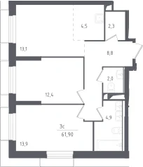Планировка: Евротрёшка 61,9 м² в ЖК «Скай Спутник»