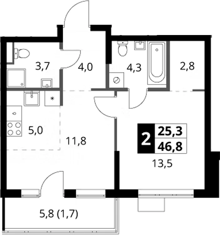 Планировка: Евродвушка 45,1 м² в ЖК «1-й Ясеневский»