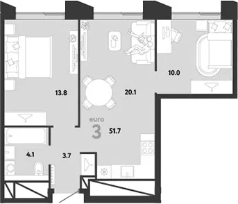 Планировка: Евротрёшка 51,7 м² в ЖК «Страна.Заречная»