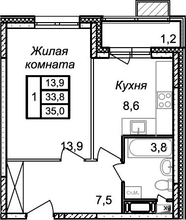 Планировка: 1-комнатная квартира 33,8 м² в ЖК «Квартал Светлый»