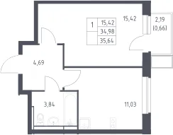 Планировка: 1-комнатная квартира 35 м² в ЖК «Новое Видное»