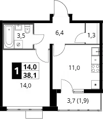 Планировка: 1-комнатная квартира 36,2 м² в ЖК «Южная Битца»