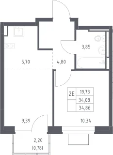 Планировка: Евродвушка 34,1 м² в ЖК «Богдановский лес»