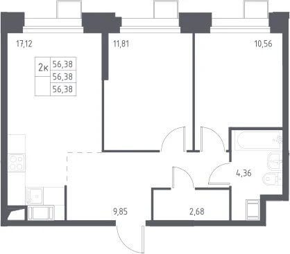 Планировка: Евротрёшка 56,4 м² в ЖК «Тропарево Парк»