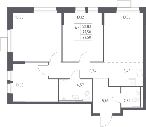 Планировка: Квартира евро-4 77,5 м² в ЖК «Квартал Ивакино»
