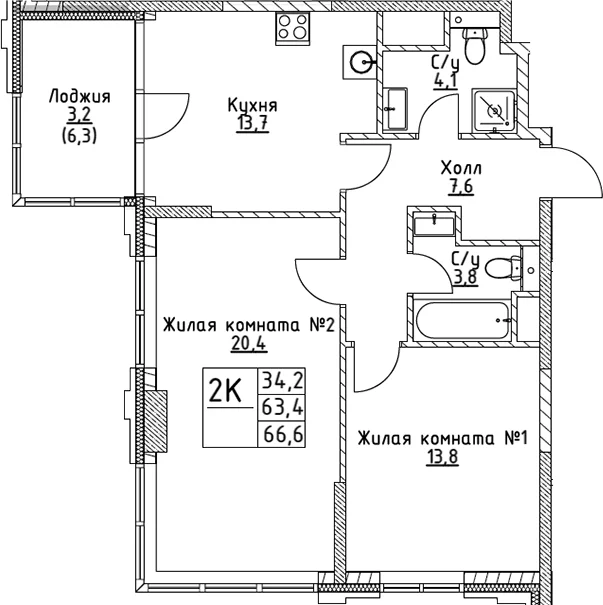 Планировка: 2-комнатная квартира 63,4 м² в ЖК «ВЭРИ на Миклухо-Маклая»