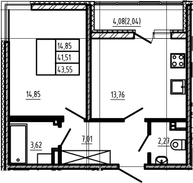 Планировка: Евродвушка 41,5 м² в ЖК «Новая история»