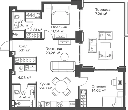 Планировка: Евротрёшка 72,7 м² в ЖК «Сити Бэй»