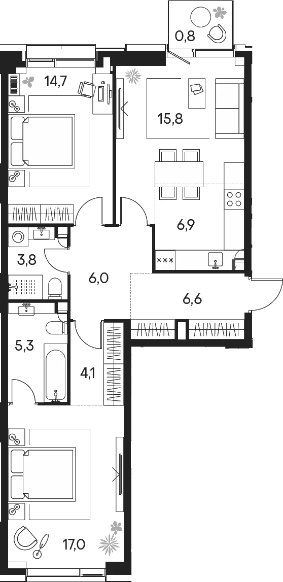 Планировка: Евротрёшка 80,2 м² в ЖК «Клубный город на реке Примавера»