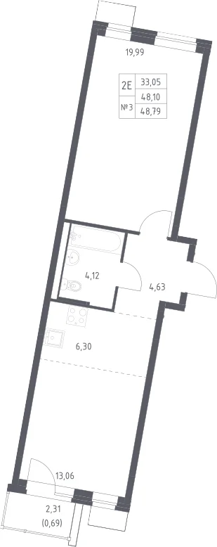 Планировка: Евродвушка 48,1 м² в ЖК «Квартал Западный»