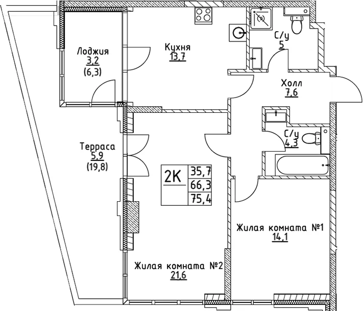 Планировка: 2-комнатная квартира 66,3 м² в ЖК «ВЭРИ на Миклухо-Маклая»