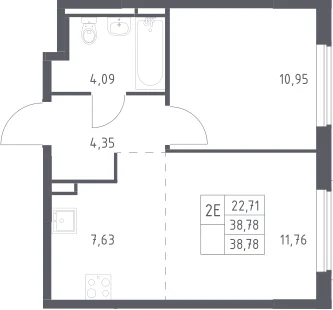 Планировка: Евродвушка 38,8 м² в ЖК «Мытищи Парк»