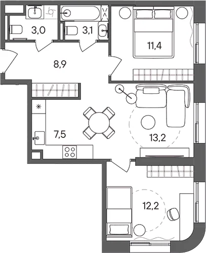 Планировка: Евротрёшка 59,3 м² в ЖК «СТОУН Сокольники»