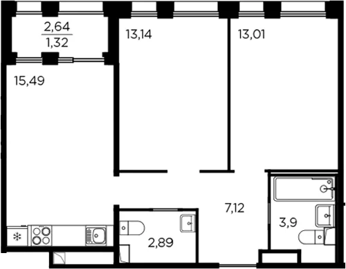 Планировка: Евротрёшка 55,6 м² в ЖК «Респект»
