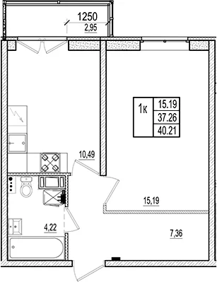 Планировка: 1-комнатная квартира 37,3 м² в ЖК «Ново-Антропшино»