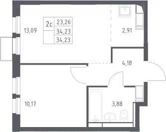 Планировка: Евродвушка 34,2 м² в ЖК «Большое Путилково»