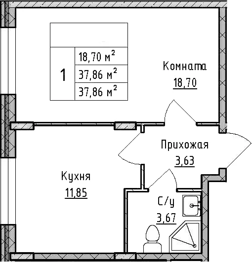 Планировка: 1-комнатная квартира 37,9 м² в ЖК «ВЕРЕВО-СИТИ»