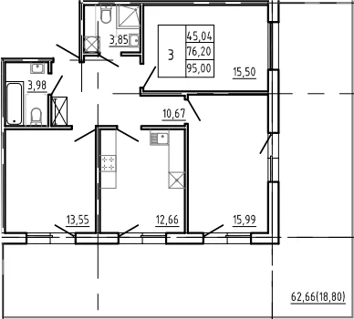 Планировка: 3-комнатная квартира 70,4 м² в ЖК «Bereg. Курортный»