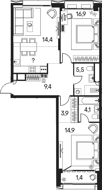 Планировка: Евротрёшка 78,7 м² в ЖК «Клубный город на реке Примавера»