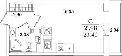 Планировка: Студия 22 м² в ЖК «Кинопарк»