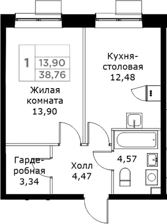 Планировка: 1-комнатная квартира 38,8 м² в ЖК «КИТ»