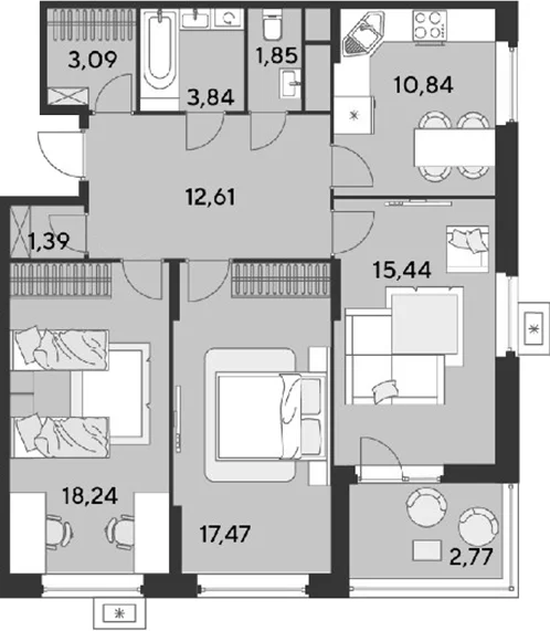 Планировка: 3-комнатная квартира 84,8 м² в ЖК «ЭВО»