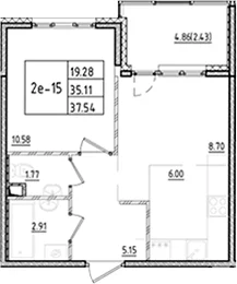 Планировка: Евродвушка 35,1 м² в ЖК «ЛесАрт»