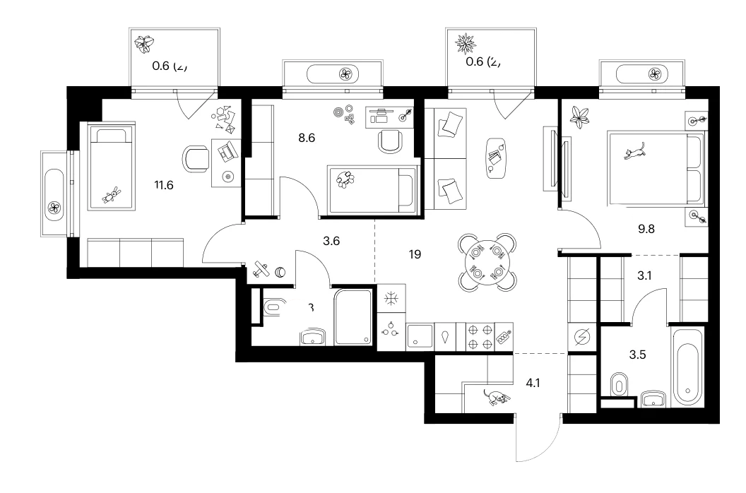 Планировка: 3-комнатная квартира 66,1 м² в ЖК «Зеленый парк»