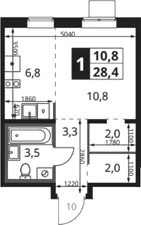 Планировка: Студия 28,4 м² в ЖК «1-й Ясеневский»