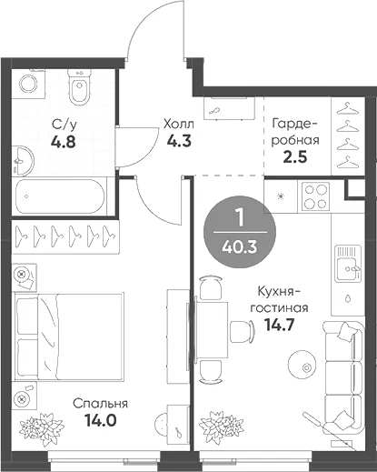 Планировка: Евродвушка 40,3 м² в ЖК «Шагал»