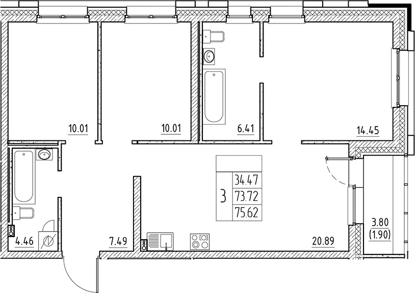 Планировка: Квартира евро-4 73,7 м² в ЖК «Сезоны»